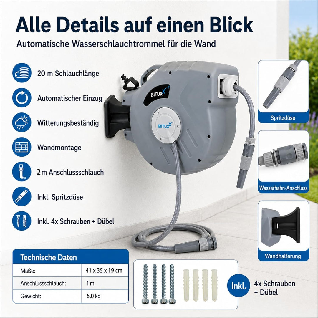 Bituxx Wand Wasser Schlauchtrommel Schlauchaufroller Wasserschlauchaufroller Schlauchbox Automatik (