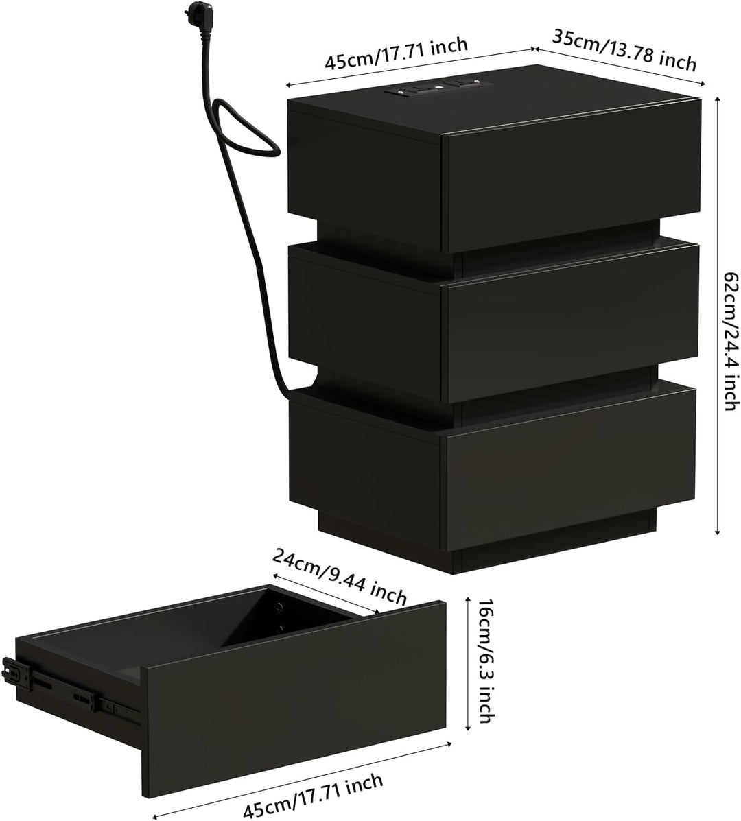 PIPIPOXER 2er Set Nachttisch Schwarz, Nachttisch mit Led Beleuchtung, Nachttisch 3 Schubladen 16 Far