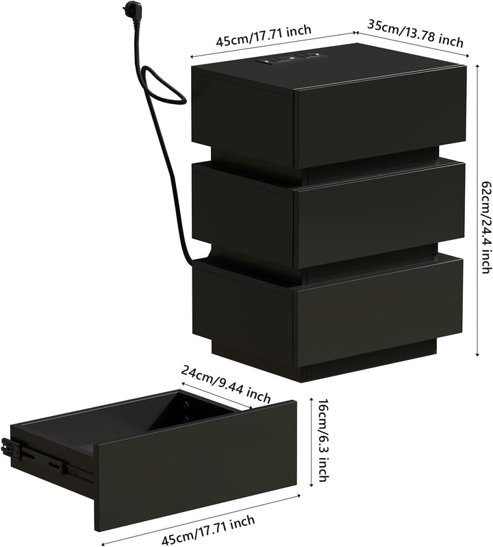 PIPIPOXER 2er Set Nachttisch Schwarz, Nachttisch mit Led Beleuchtung, Nachttisch 3 Schubladen 16 Far