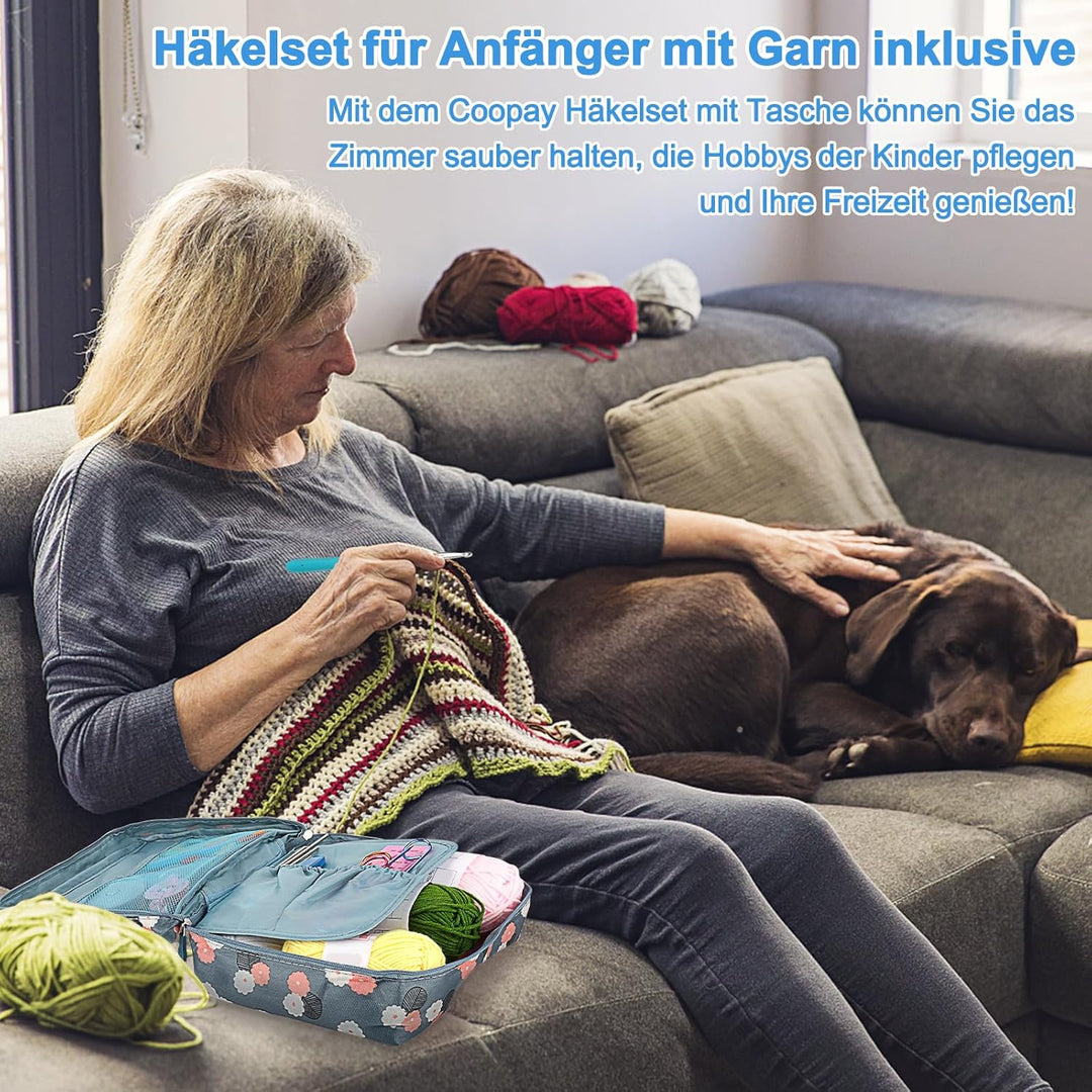 Coopay Häkelset für Anfänger, Blaue Blume Häkelnadel Set mit 2,0-8,0 mm Ergonomisch Häkelnadeln mit