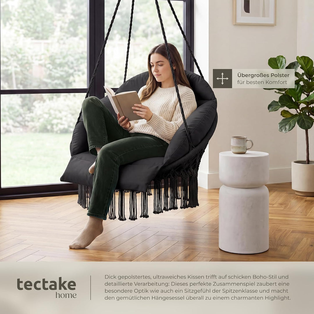 tectake® Hängesessel, Hängeschaukel mit dicken Kissen & Quasten, Boho Hängekorb Ø 80 cm, Hängesessel