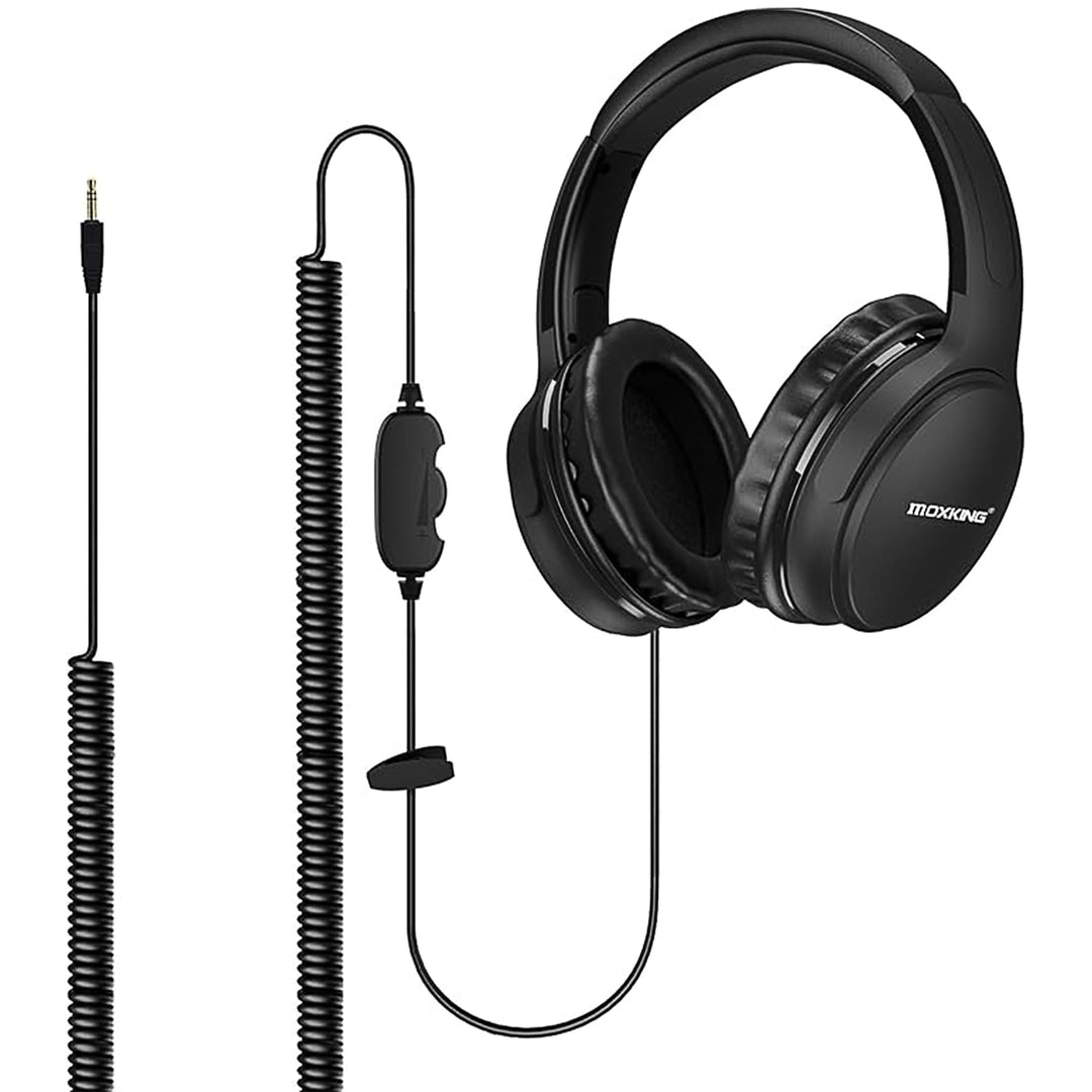 19.5 ft / 6 m extra long cable headphones for TV PC with volume control, spring spiral cable, 3.5 mm