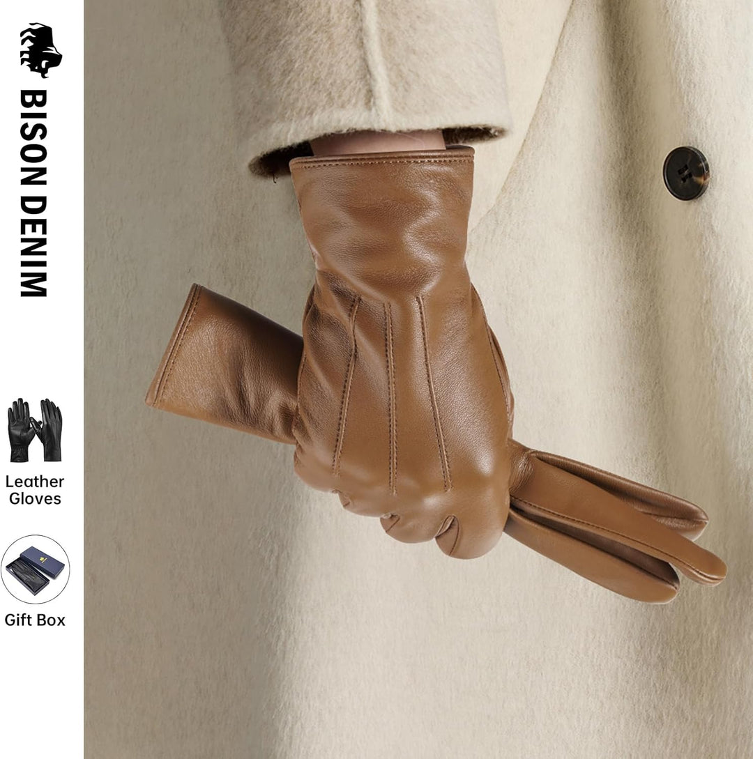 BISON DENIM leder handschuhe damen-Kaschmirverkleidung, Touchscreen und Winterhandschuhe Kaffee XXL,