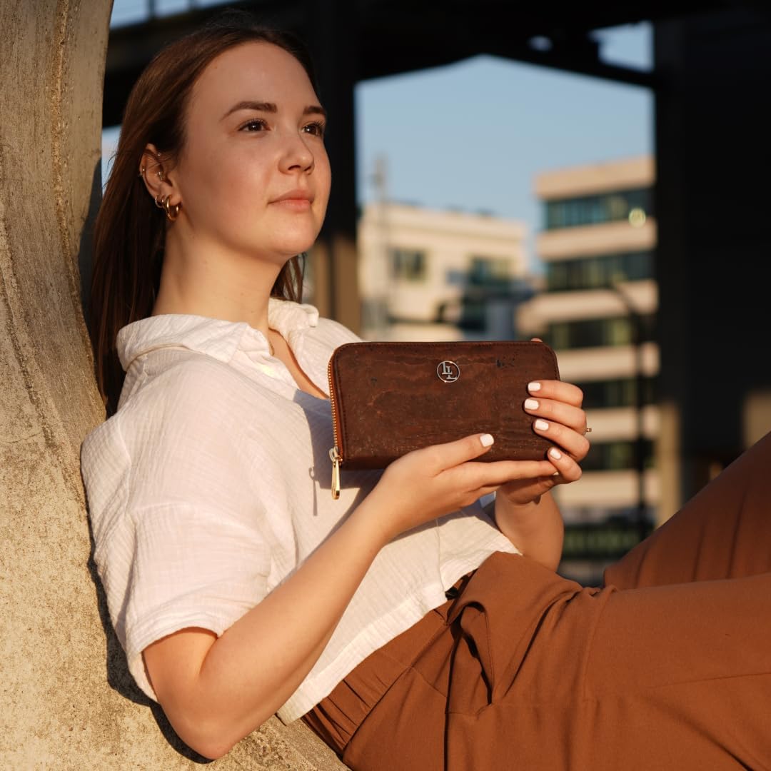 Damen Geldbörse aus veganem Korkleder Gross, Frauen Portemonnaie mit RFID-Schutz, Vegan Wallet, Kork