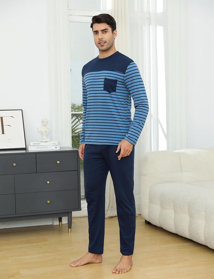 Irdcomps Schlafanzug Herren Pyjama Lang Winter Baumwolle Nachtwäsche Männer Set Langarm Gestreift M