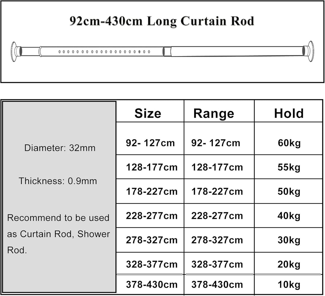 278-327cm Extra Lange Gardinenstange, Ohne Bohren Teleskopstange , Ausziehbare Edelstahl Duschvor