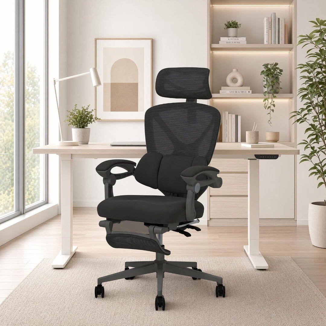 FLEXISPOT Ergonomischer Bürostuhl mit Fussstütze, X-förmiger Schreibtischstuhl mit 135°-Neigung, Gek