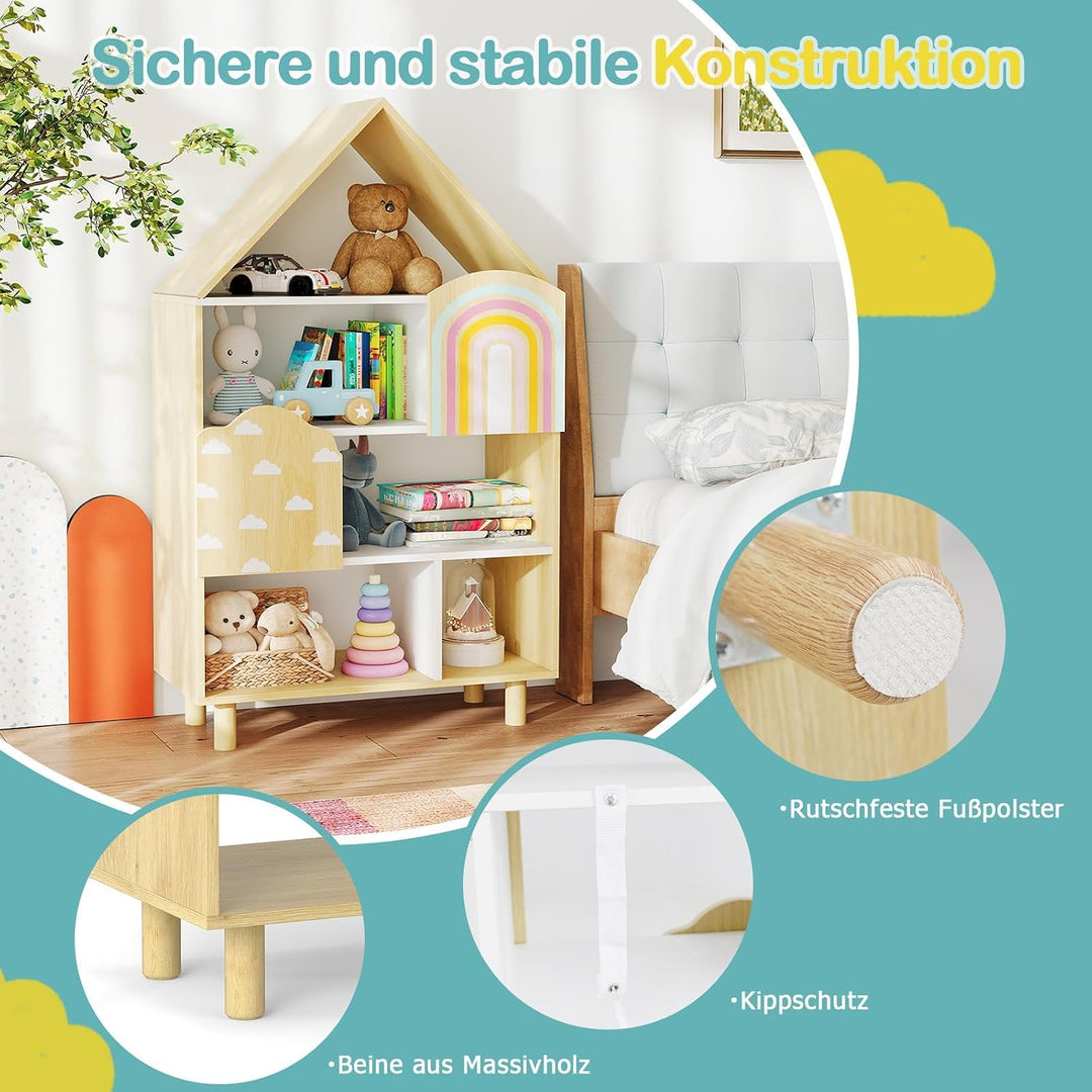 COSTWAY Kinderregal in Hausform, Bücherregal Kinder mit 2 Türen &amp; massiven Holzbeine, 4 Ebenen Spiel