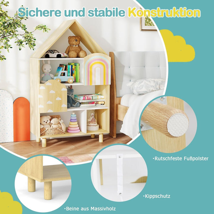 COSTWAY Kinderregal in Hausform, Bücherregal Kinder mit 2 Türen &amp; massiven Holzbeine, 4 Ebenen Spiel