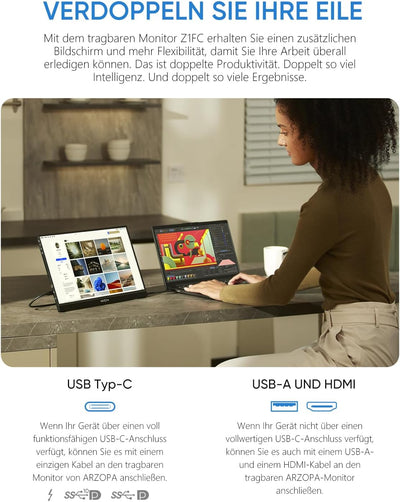 ARZOPA 16.1" 144HZ Portable Monitor, 1920×1080 FHD IPS Tragbarer Monitor für Laptop mit Einstab, Unt