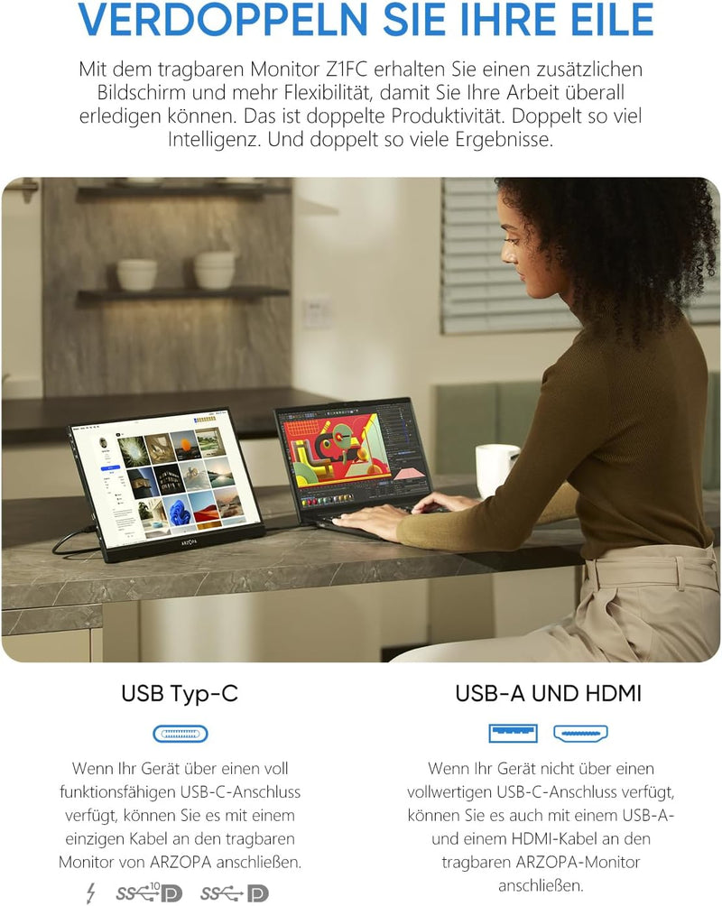 ARZOPA 16.1" 144HZ Portable Monitor, 1920×1080 FHD IPS Tragbarer Monitor für Laptop mit Einstab, Unt