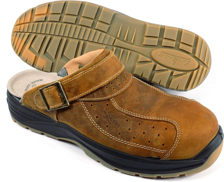 EuroRoutier Premium Leather Tucson Braun Clogs, SB+A+E+FO+SRC-zertifizierte, Sicherheitsclogs 46 EU