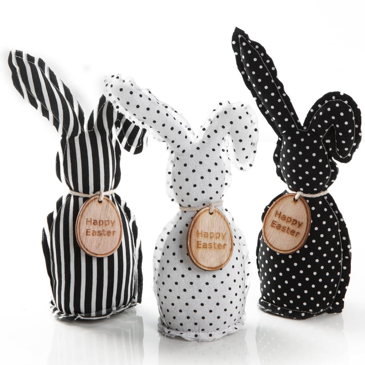 Logbuch-Verlag 3 grosse Osterhasen Figuren aus Stoff 22 cm Happy Easter schwarz weiss Hasen Osterdek