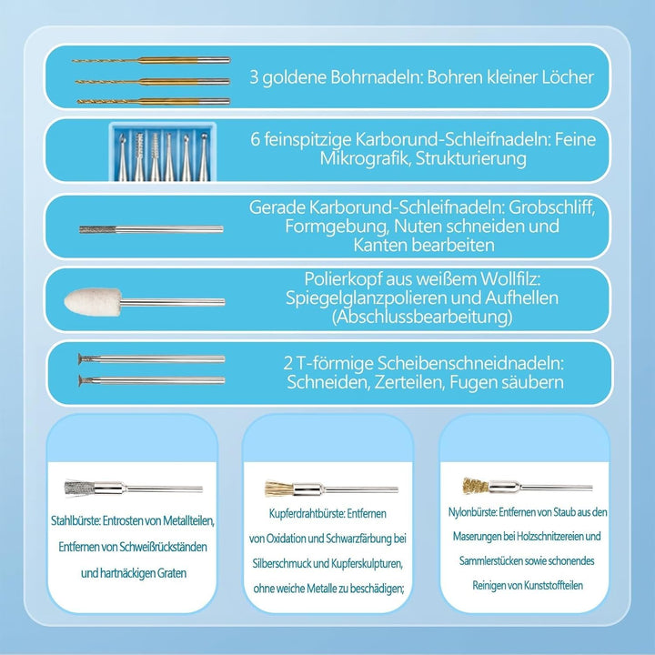 Elektrischer Mini-Gravierstift mit LED Licht 16 Zubehörteile Glasgravur Set | Tragbarer gravur stift
