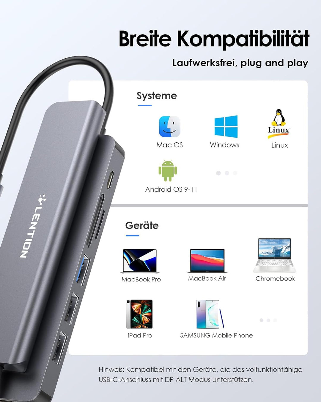 LENTION USB C Hub mit 100W PD Aufladung, 4K@60Hz HDMI, SD/TF Kartenleser, USB-3.0, Adapter USB-C auf