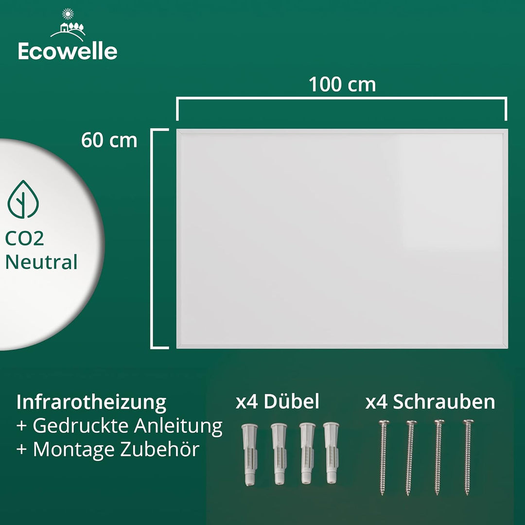 Ecowelle Infrarotheizung Classic Weiss 600 Watt + 10 Jahre Garantie + Doppelter Überhitzungsschutz C