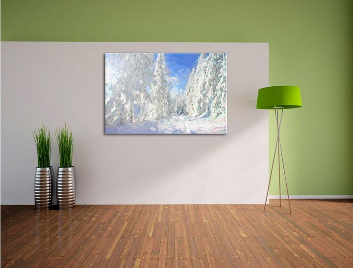 Pixxprint Winterlandschaft mit Bäumen Pinsel Effekt, Format: 100x70 auf Leinwand, riesige Bilder fer
