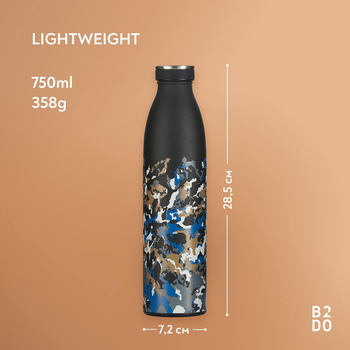 B2DO Trinkflasche Edelstahl 750ml Schwarz Braun | Wiederverwendbare Vakuum Metall Thermoskanne Wasse