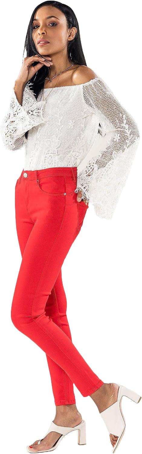 Nina Carter P106 Damen Jeanshosen Slim Fit Push-Up Skinny Jeans Mid-High Waist XS Slim Rot (P106-13)