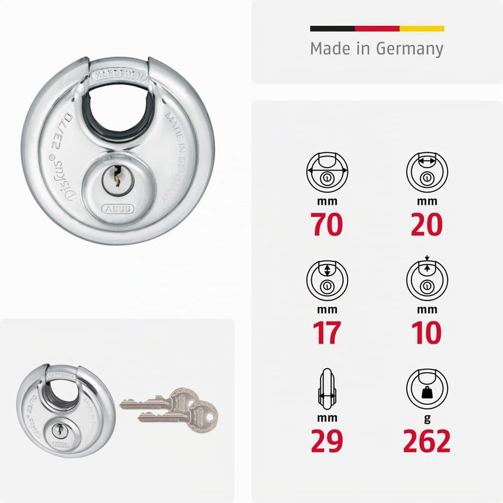 ABUS Diskus Vorhängeschloss 23/70 - wetterfest für den Garten - mit Diskus-Schweisstechnologie für b