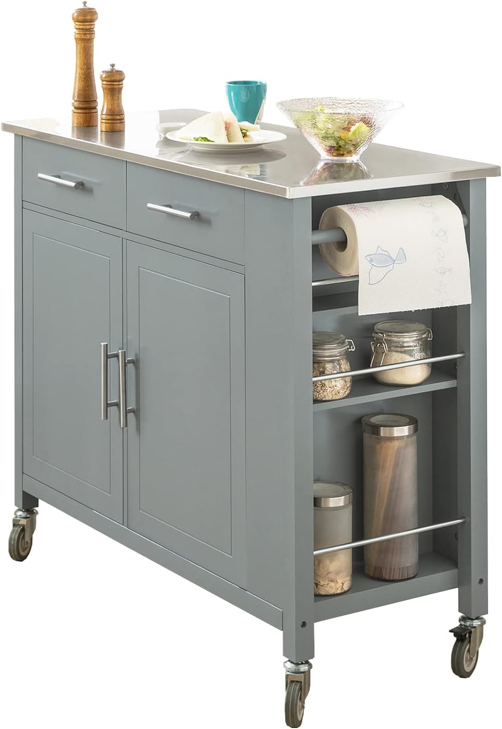 SoBuy FKW108-HG Design Küchenwagen mit Edelstahlplatte Kücheninsel mit Seitenregal Küchenschrank Rol