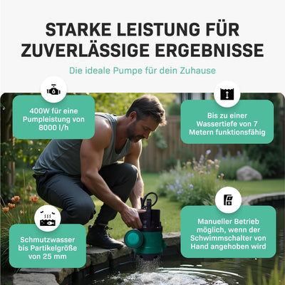 VONROC Tauchpumpe Schmutzwasserpumpe 400W - 8000l/h - Wasserpumpe Keller - Flachsaugend - Gartenpump