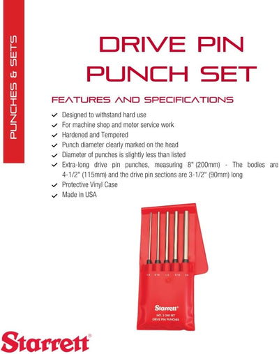 Starrett S248PC Erweiterter Laufwerksstift-Lochersatz, 1/8"-3/8" Stiftdurchmesser, 8" Gesamtlänge, 3