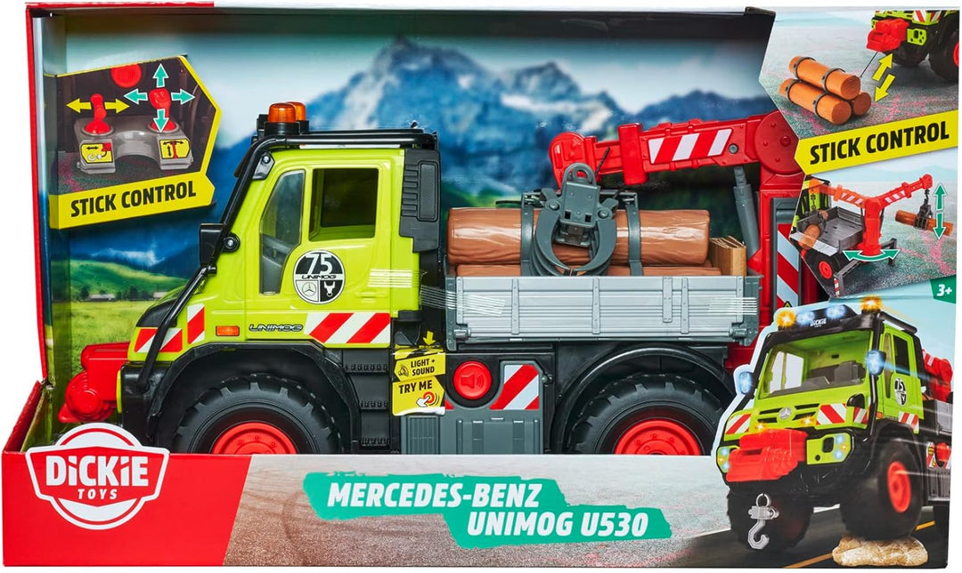 Dickie Toys - Unimog Holztransporter - mit elektrischer Seilwinde und Kranarm mit Joystick-Steuerung