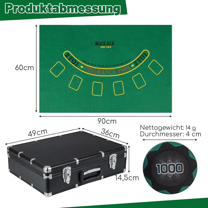 COSTWAY Pokerset 600 Chips, Pokerkoffer mit 6 Kartendeck, 5 Würfel, Dealer Button, Matte, Kartenmisc