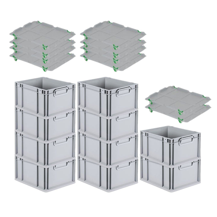 SuperSparSet 10x Eurobox NextGen Grip mit Auflagedeckel & 4 grünen Schiebeschnappverschlüssen, HxBxT