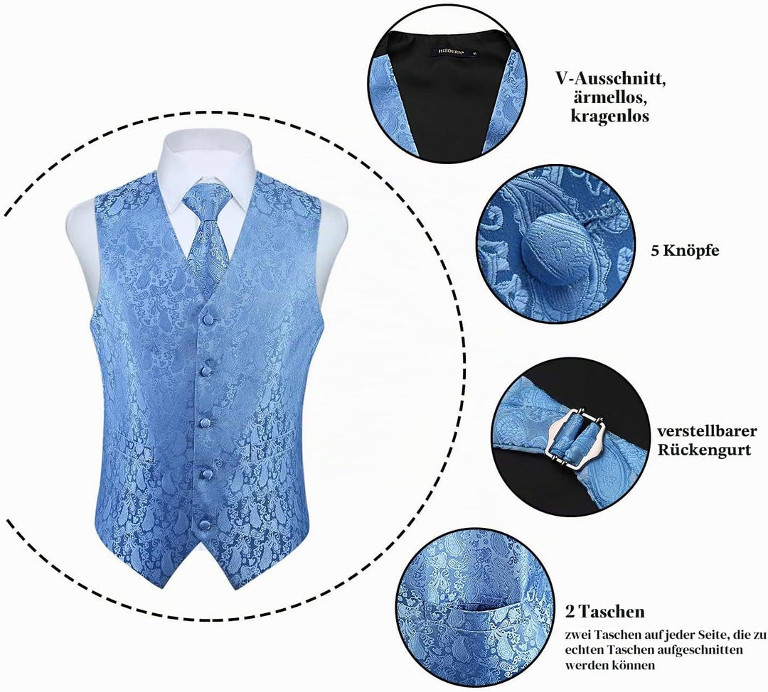 HISDERN Herren Weste Paisley Floral Jacquard Krawatte Einstecktuch Taschentuch Weste Anzug Set XL He