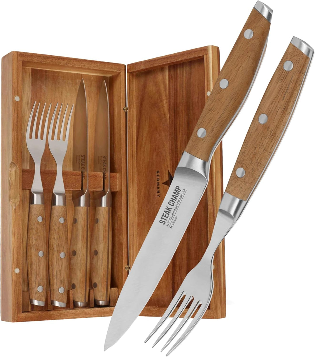Steak Champ Fleischgabel und Steakmesser, 2 x 2 Stk.: Gabeln und Messer aus Klingenstahl, mit Mikrow