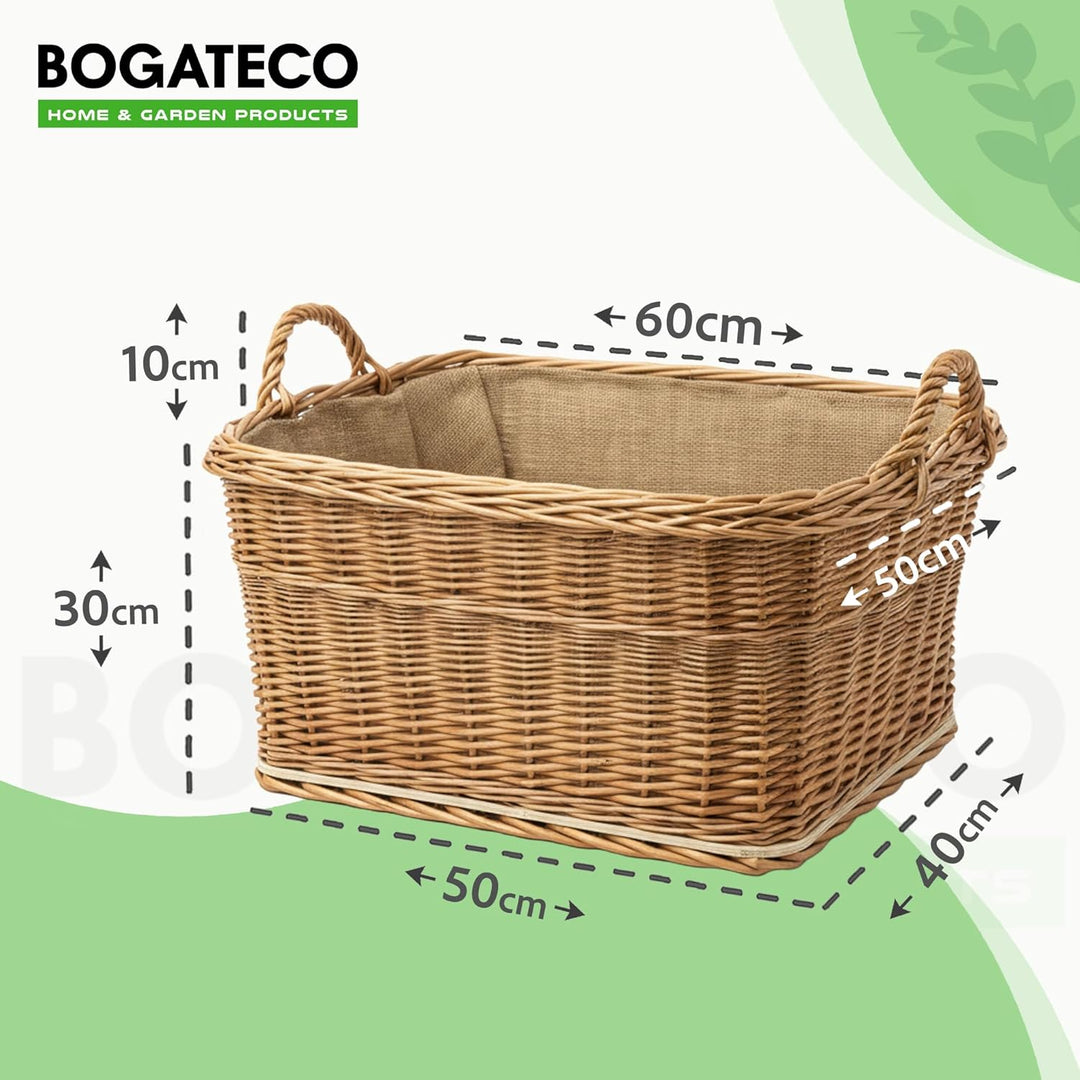 BOGATECO Kaminholzkorb Weide Rechteckig 60x50 cm, Stabiler Brennholzkorb mit Sperrholzboden und Jute
