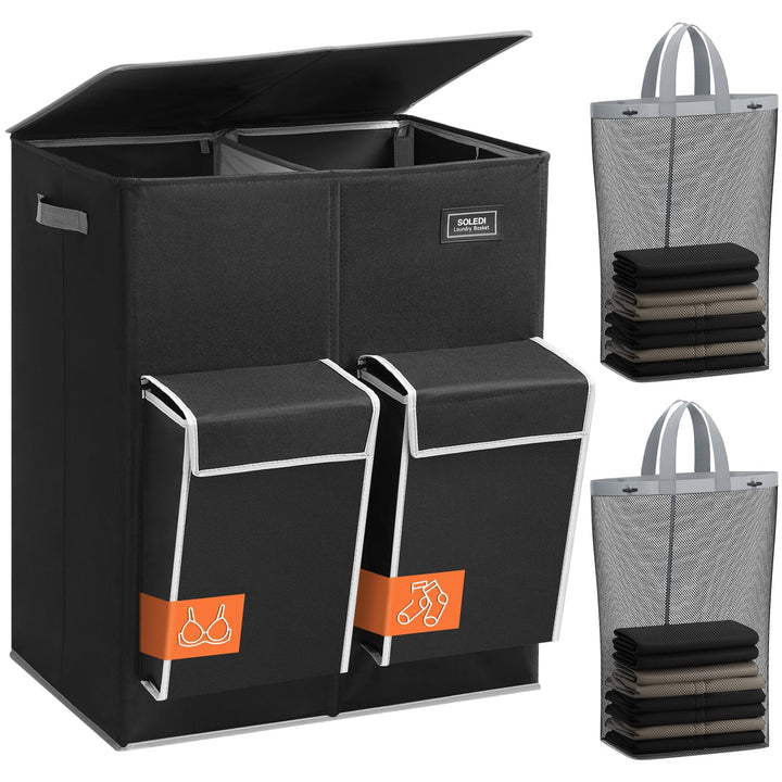 SOLEDI 180L Wäschekorb mit Deckel, Wäschesammler 2 Fächer mit 2 Seitentaschen, Laundr Baskets mit 2