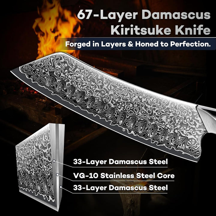 DRAGON RIOT Damastmesser, Japanisches Fleischmesser extrem scharf, Handgeschmiedete Kochmesser profi