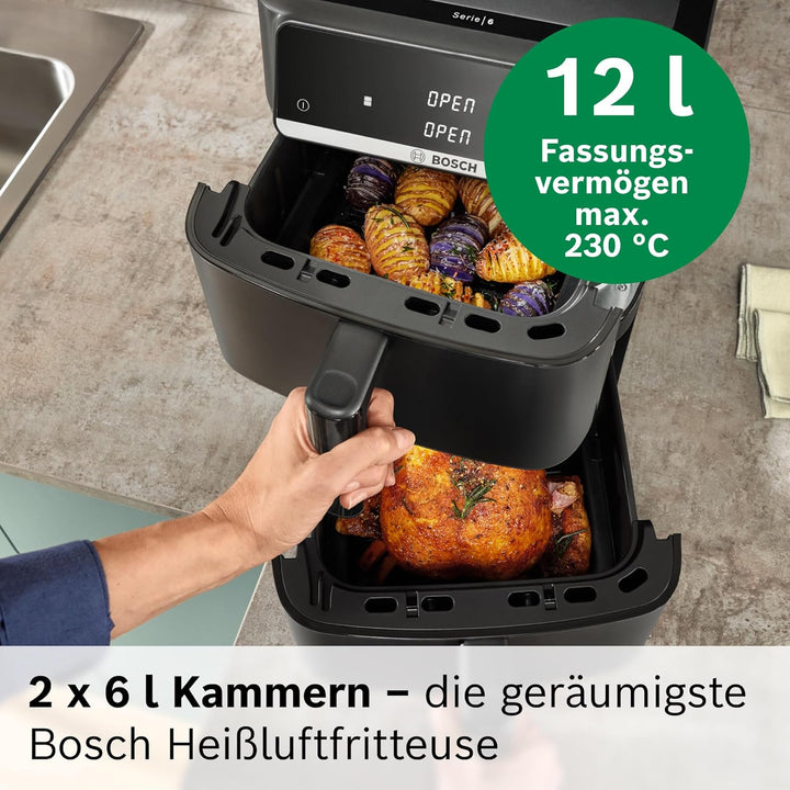 Bosch Serie 6 XXL Heissluftfritteuse, 12 L Doppelkammer, platzsparend, 6 Programme, PFAS frei, schwa