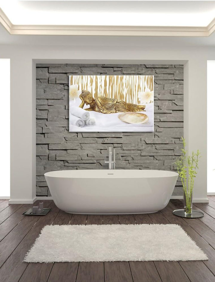 Pixxprint Goldener Buddha auf Handtuch Kunst Buntstift Effekt, Format: 100x70 auf Leinwand