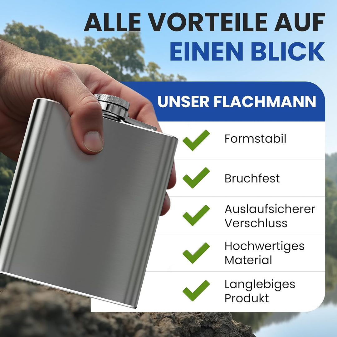 0,5 L Flachmann Trinkflasche aus Edelstahl Silber mit Schraubverschluss - Auslaufsicher mit 500 ml F