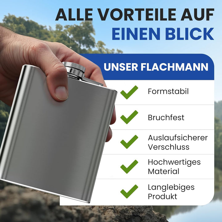 0,5 L Flachmann Trinkflasche aus Edelstahl Silber mit Schraubverschluss - Auslaufsicher mit 500 ml F