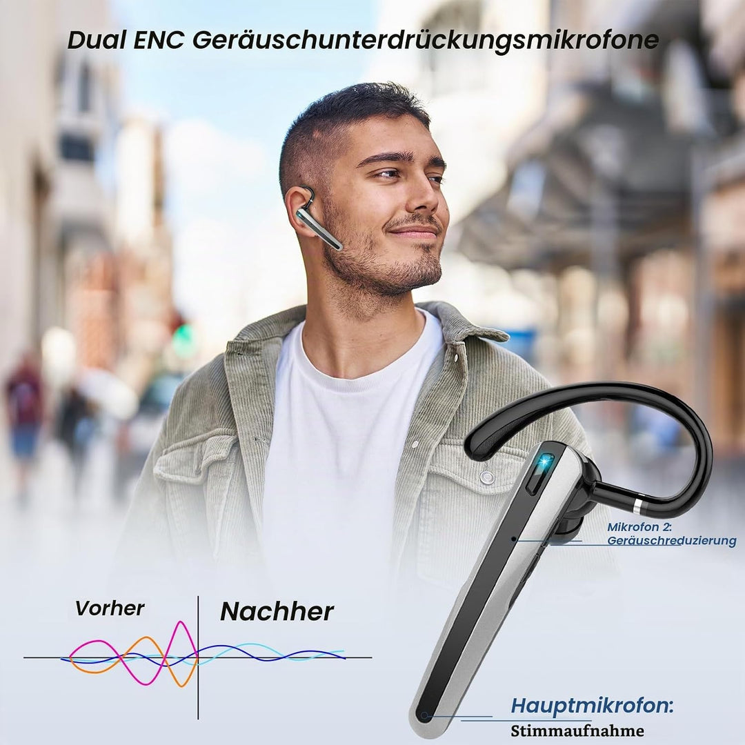 V5.3 Bluetooth Headset, Headset Kabellos Freisprech mit ENC Dual Geräuschunterdrückung Mic, 120 Std