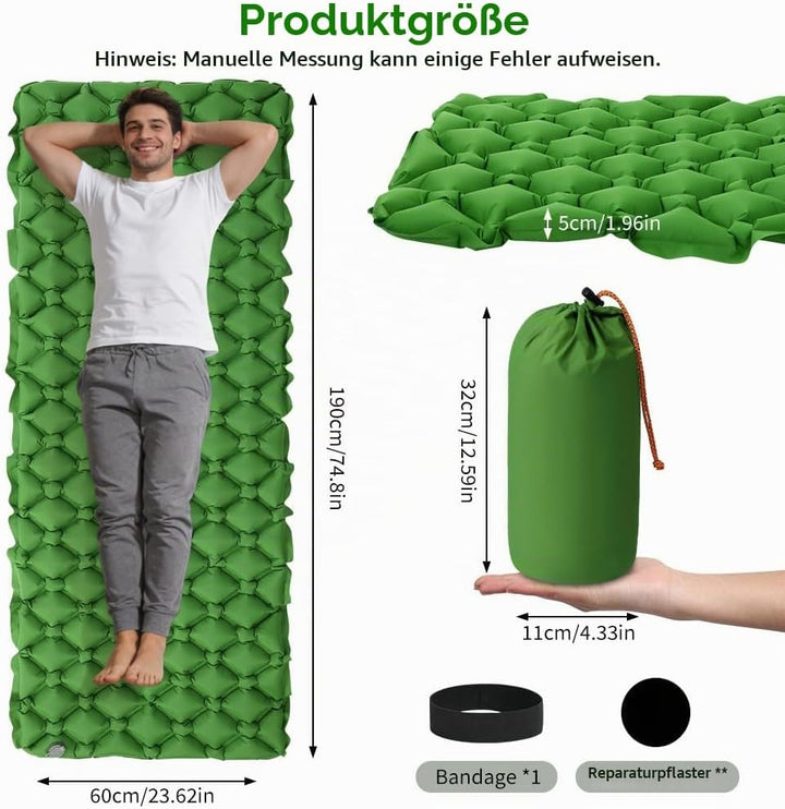 AUYAO Selbstaufblasend Camping Isomatte Schlafmatte, 190 x 60 CM | Ultraleichte Luftmatratze, Wasser