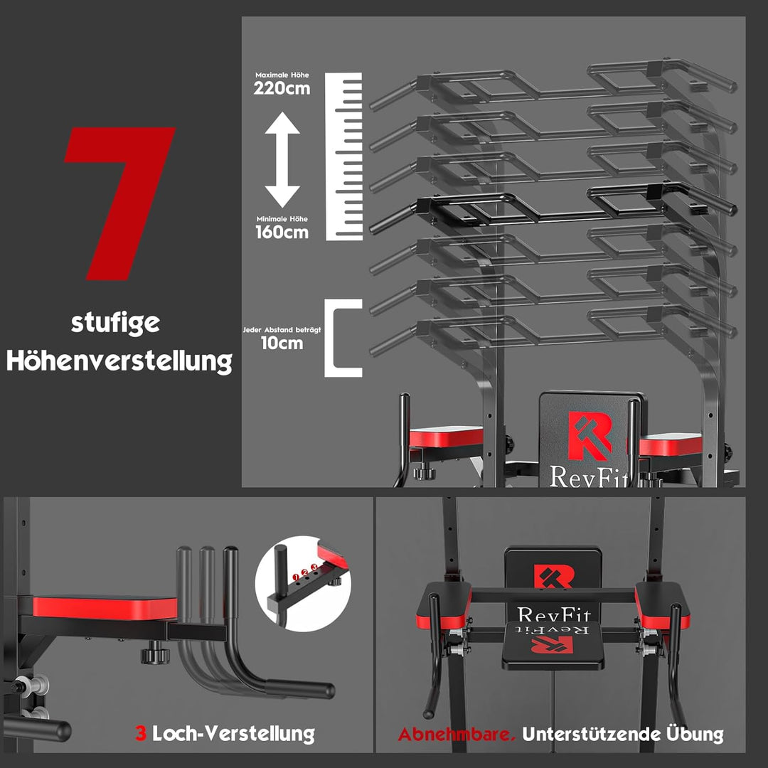 Power Tower freistehend mit Klimmzugstange – Höhenverstellbare Dip-Station (160–220 cm) mit Rückenst