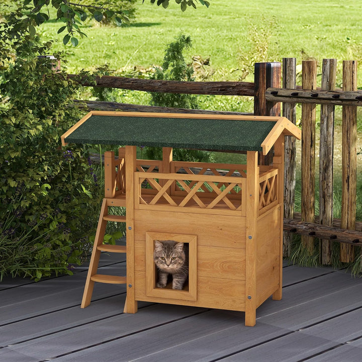 PawHut Katzenhaus aus Holz Winterfest wasserdicht Katzenhütte mit Asphaltdach Terrasse Treppe Katzen