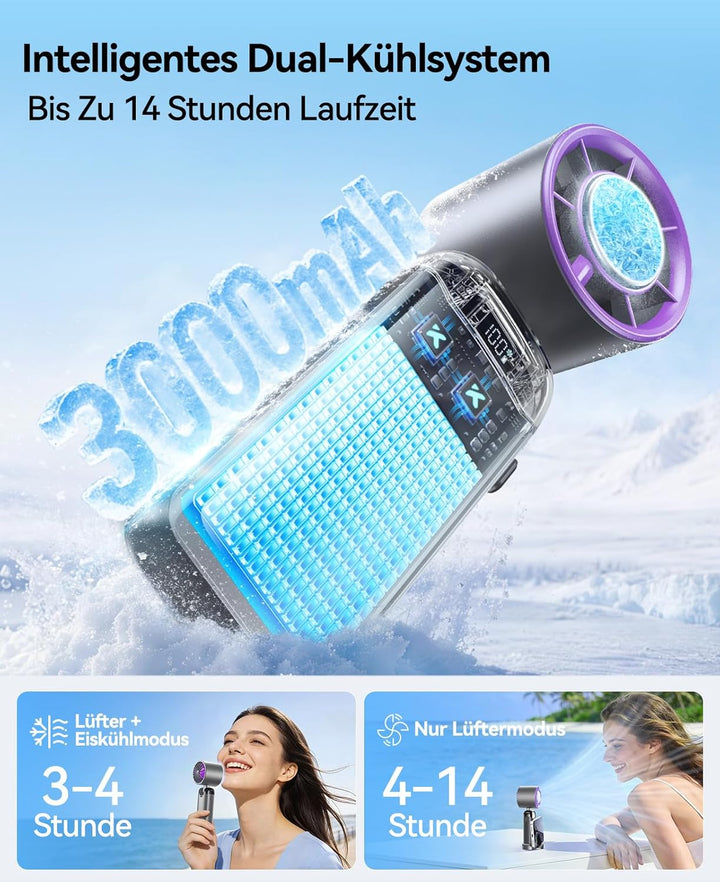 KIMMOO Handventilator mit Eiskühlung, 21000 U/min, 199 Stufen, bis zu 14h Akku, Wiederaufladbar, 3-i