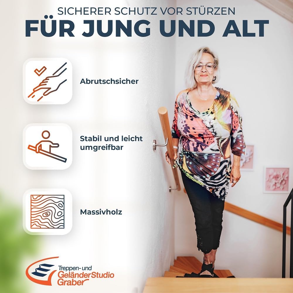 Handlauf Set Holz Buche 45mm rund inkl. 2 Edelstahlhalter zum Einschrauben (190 cm) 190 cm + 2 Halte