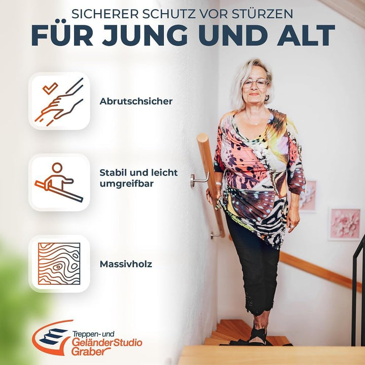 Handlauf Set Holz Buche 45mm rund inkl. 2 Edelstahlhalter zum Einschrauben (190 cm) 190 cm + 2 Halte