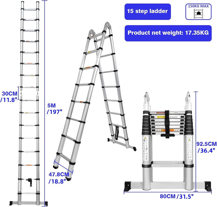 5M Teleskopleiter, Mehrzweckleiter,Rutschfester Aluleiter Klappleiter Schiebeleiter Sprossenleiter A