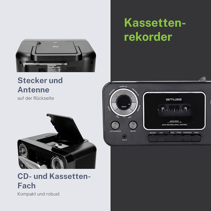 Muse Retro Kassettenrekorder mit Aufnahme-Funktion, Batteriebetrieb möglich Radio / Kassette CD, Rad