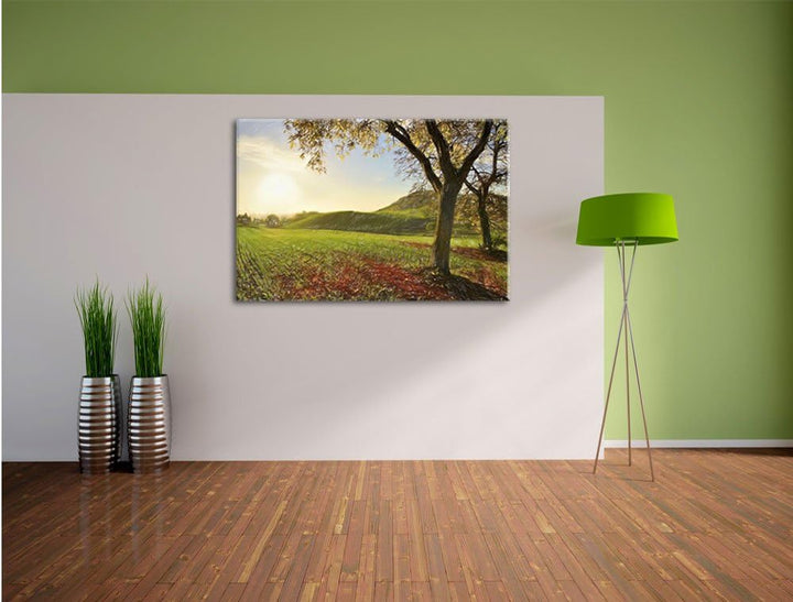 Pixxprint Landschaft im Herbst Kunst Buntstift Effekt, Format: 100x70 auf Leinwand, XXL riesige Bild
