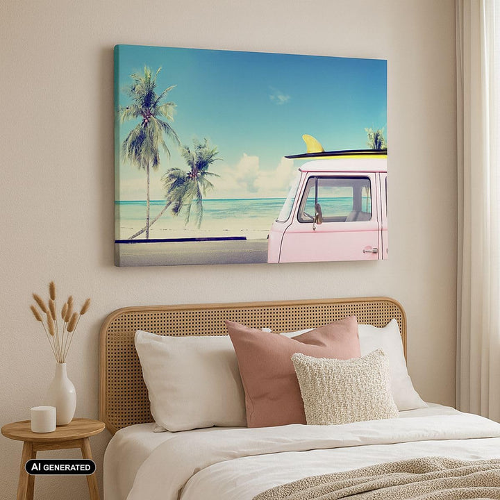 Bilder auf Leinwand Auto Surfbrett Strand Ozean Leinwandbild 70x50cm Wandbilder Dekoration Wohnzimme